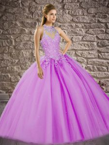 Excellent Lilac Tulle Lace Up Halter Top Sleeveless Sweet 16 Quinceanera Dress Sweep Train Beading and Appliques