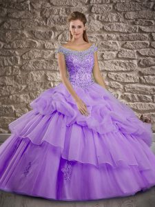 Lavender Ball Gowns Off The Shoulder Cap Sleeves Organza Brush Train Lace Up Beading and Pick Ups Sweet 16 Quinceanera D