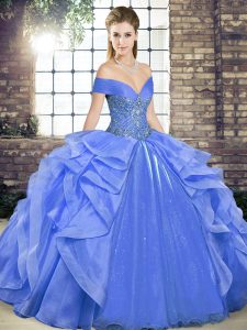 Lovely Blue Ball Gowns Beading and Ruffles Quinceanera Gowns Lace Up Organza Sleeveless Floor Length