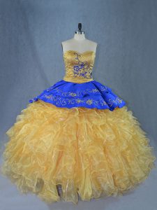 Clearance Sleeveless Embroidery and Ruffles Lace Up Sweet 16 Quinceanera Dress with Gold Brush Train