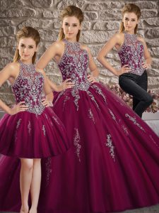 Luxurious Sleeveless Beading and Appliques Lace Up Sweet 16 Dress with Purple Brush Train