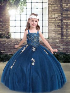 Eye-catching Blue Straps Lace Up Appliques Kids Pageant Dress Sleeveless