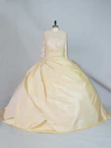 Fashion Yellow Taffeta Lace Up High-neck Long Sleeves Quinceanera Dresses Brush Train Lace