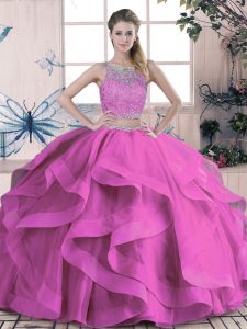 Fabulous Lilac Scoop Neckline Beading and Lace and Ruffles Quinceanera Gown Sleeveless Lace Up