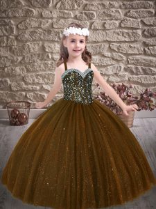 Ball Gowns Sleeveless Brown Little Girls Pageant Gowns Sweep Train Lace Up