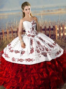 Fitting Floor Length Lace Up Quinceanera Gowns White And Red for Sweet 16 and Quinceanera with Embroidery and Ruffles