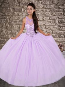 Lavender Lace Up Scoop Beading Sweet 16 Quinceanera Dress Tulle Sleeveless Brush Train