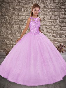 High End Scoop Sleeveless Sequined Quince Ball Gowns Beading Lace Up