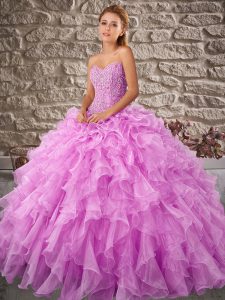 Ideal Lilac Ball Gowns Organza Sweetheart Sleeveless Beading and Ruffles Lace Up Quinceanera Gown Brush Train