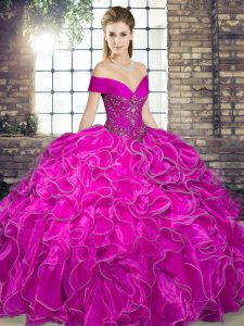 Discount Fuchsia Organza Lace Up Sweet 16 Quinceanera Dress Sleeveless Floor Length Beading and Ruffles