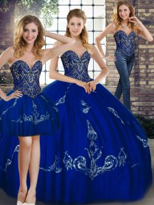 Dynamic Royal Blue Three Pieces Tulle Sweetheart Sleeveless Beading and Embroidery Floor Length Lace Up Sweet 16 Dress