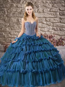 Cute Blue 15th Birthday Dress Military Ball and Sweet 16 and Quinceanera with Beading and Ruffled Layers Sweetheart Slee