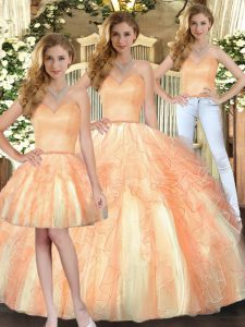 Pretty Floor Length Three Pieces Sleeveless Orange Quinceanera Gowns Lace Up