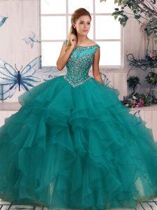 Excellent Turquoise Organza Zipper Quinceanera Gown Sleeveless Floor Length Beading and Ruffles