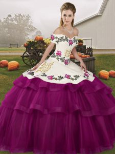 Fitting Fuchsia Off The Shoulder Lace Up Embroidery and Ruffled Layers Quinceanera Gowns Brush Train Sleeveless