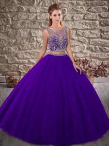 Comfortable Tulle Scoop Sleeveless Brush Train Lace Up Beading Quince Ball Gowns in Purple