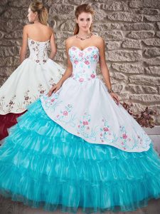 Floor Length Lace Up Quinceanera Dresses Aqua Blue for Military Ball and Sweet 16 and Quinceanera with Embroidery and Ru