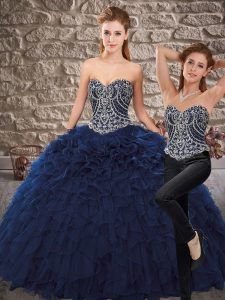 Navy Blue Organza Lace Up Sweetheart Sleeveless Floor Length Sweet 16 Dress Beading and Ruffles