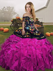 Exceptional Floor Length Lace Up Quinceanera Dresses Fuchsia for Military Ball and Sweet 16 and Quinceanera with Embroid