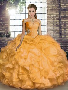 Gold Off The Shoulder Lace Up Beading and Ruffles 15 Quinceanera Dress Sleeveless