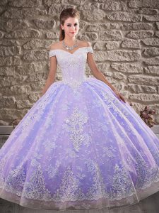 Cute Lavender Tulle and Lace Lace Up Vestidos de Quinceanera Sleeveless Brush Train Beading and Appliques