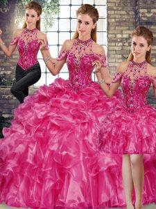 Fuchsia Three Pieces Beading and Ruffles Sweet 16 Quinceanera Dress Lace Up Organza Sleeveless Floor Length