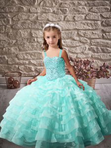 Simple Sleeveless Brush Train Lace Up Beading and Ruffled Layers Little Girls Pageant Gowns
