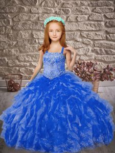 Blue Lace Up Straps Beading and Ruffles Kids Formal Wear Organza and Lace Sleeveless Brush Train