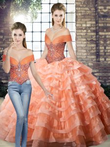 Sophisticated Peach Two Pieces Organza Off The Shoulder Sleeveless Beading and Ruffled Layers Lace Up 15th Birthday Dres