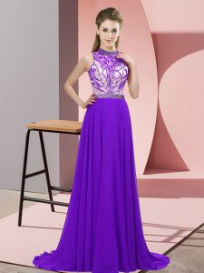 Exceptional Purple Empire Chiffon Halter Top Sleeveless Beading Backless Evening Dress Brush Train
