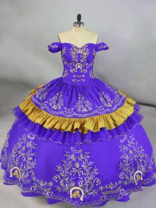 Top Selling Floor Length Purple Sweet 16 Quinceanera Dress Satin Sleeveless Embroidery