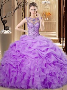 Organza Scoop Sleeveless Lace Up Beading and Ruffles and Pick Ups Sweet 16 Dresses in Lavender