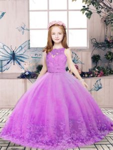 Latest Floor Length Lilac Little Girl Pageant Dress Scoop Sleeveless Backless