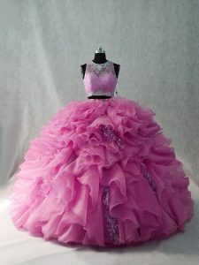 Customized Pink Scoop Neckline Beading and Ruffles Quinceanera Dresses
