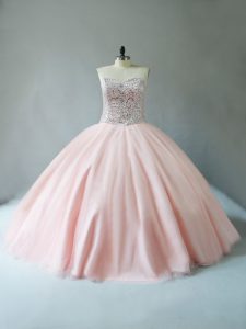 Ball Gowns Sweet 16 Dresses Peach Sweetheart Tulle Sleeveless Floor Length Lace Up