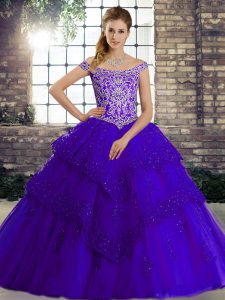 Elegant Purple Tulle Lace Up Sweet 16 Quinceanera Dress Sleeveless Brush Train Beading and Lace