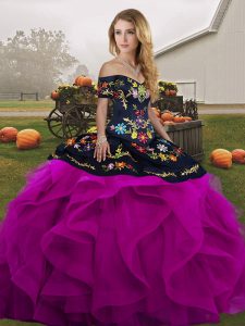 Black And Purple Tulle Lace Up Off The Shoulder Sleeveless Floor Length Sweet 16 Dresses Embroidery and Ruffles