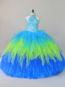 Beading and Ruffles 15th Birthday Dress Multi-color Lace Up Sleeveless Floor Length