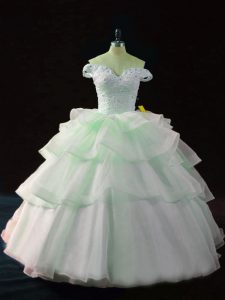 Beading and Ruffled Layers Quinceanera Gowns Apple Green Lace Up Sleeveless Brush Train