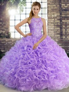 Delicate Ball Gowns Quinceanera Gown Lavender Scoop Fabric With Rolling Flowers Sleeveless Floor Length Lace Up