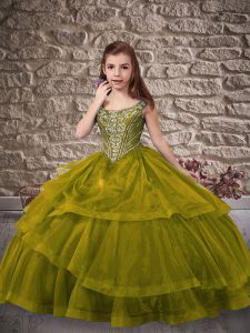 Beautiful Olive Green Organza Lace Up Straps Sleeveless Little Girls Pageant Dress Wholesale Sweep Train Beading and Ruf