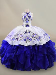 Extravagant Blue And White Quince Ball Gowns Sweet 16 and Quinceanera with Embroidery and Ruffles Halter Top Sleeveless 