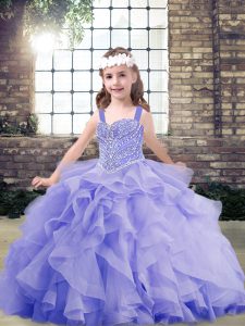 Admirable Sleeveless Organza Floor Length Lace Up Girls Pageant Dresses in Lavender with Beading and Ruffles