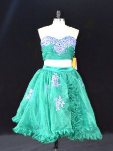 Unique Mini Length Turquoise Prom Dresses Organza Sleeveless Appliques and Ruffles