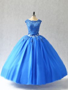 Flare Blue Sleeveless Beading and Appliques Floor Length Quinceanera Dresses