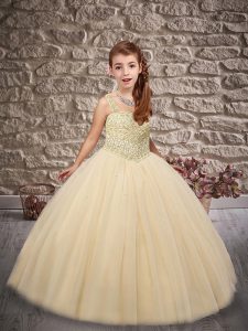 Champagne Ball Gowns Tulle Straps Sleeveless Beading Floor Length Lace Up Little Girls Pageant Dress