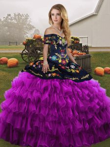 Beauteous Black And Purple Organza Lace Up Off The Shoulder Sleeveless Floor Length Ball Gown Prom Dress Embroidery and 