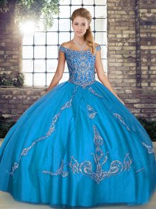 Ball Gowns Quince Ball Gowns Blue Off The Shoulder Tulle Sleeveless Floor Length Lace Up