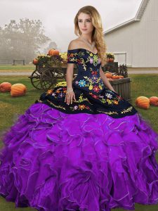Fitting Black And Purple Sleeveless Embroidery and Ruffles Floor Length Quinceanera Dress