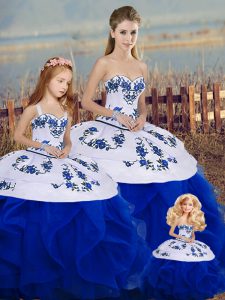 Royal Blue Tulle Lace Up 15th Birthday Dress Sleeveless Floor Length Embroidery and Ruffles and Bowknot
